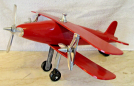 Vintage Red Metal Prop Bi-Plane with Moving Propellers and Wheels 19.5&quot; ... - £94.17 GBP