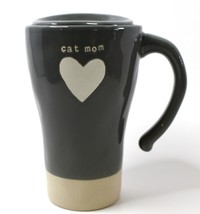 Cat Mom Mug heart with lid, 12 oz stoneware, ceramic, Gray, Coffee Mug - $24.74