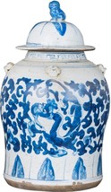 Temple Jar Vase Vintage Lotus Dragon Small Blue White Ceramic Hand-Painted - $419.00