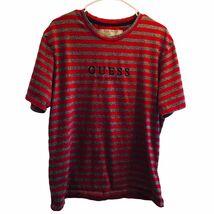 Vintage Y2K Guess Los Angeles Men's Red &amp; Gray Striped T-Shirt Medium - $29.88