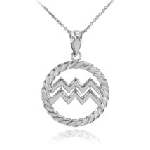 925 Sterling Silver Aquarius Zodiac Sign in Circle Rope Pendant Necklace - £25.35 GBP+