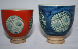 Set of 2 Japan Pair Japanese Blue Red Tea Cups  Meoto Yunomi Arita Stack... - £31.87 GBP