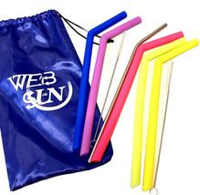 Silicone Straws Lot By Web Sun 1 Metal 5 Others 2 Cleaning Brushes In Pouch - £15.81 GBP