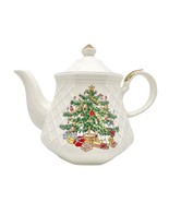 Christmas Tea Pot 6 inch Cream Gold Trim Tree Presents (small chip on sp... - £24.85 GBP