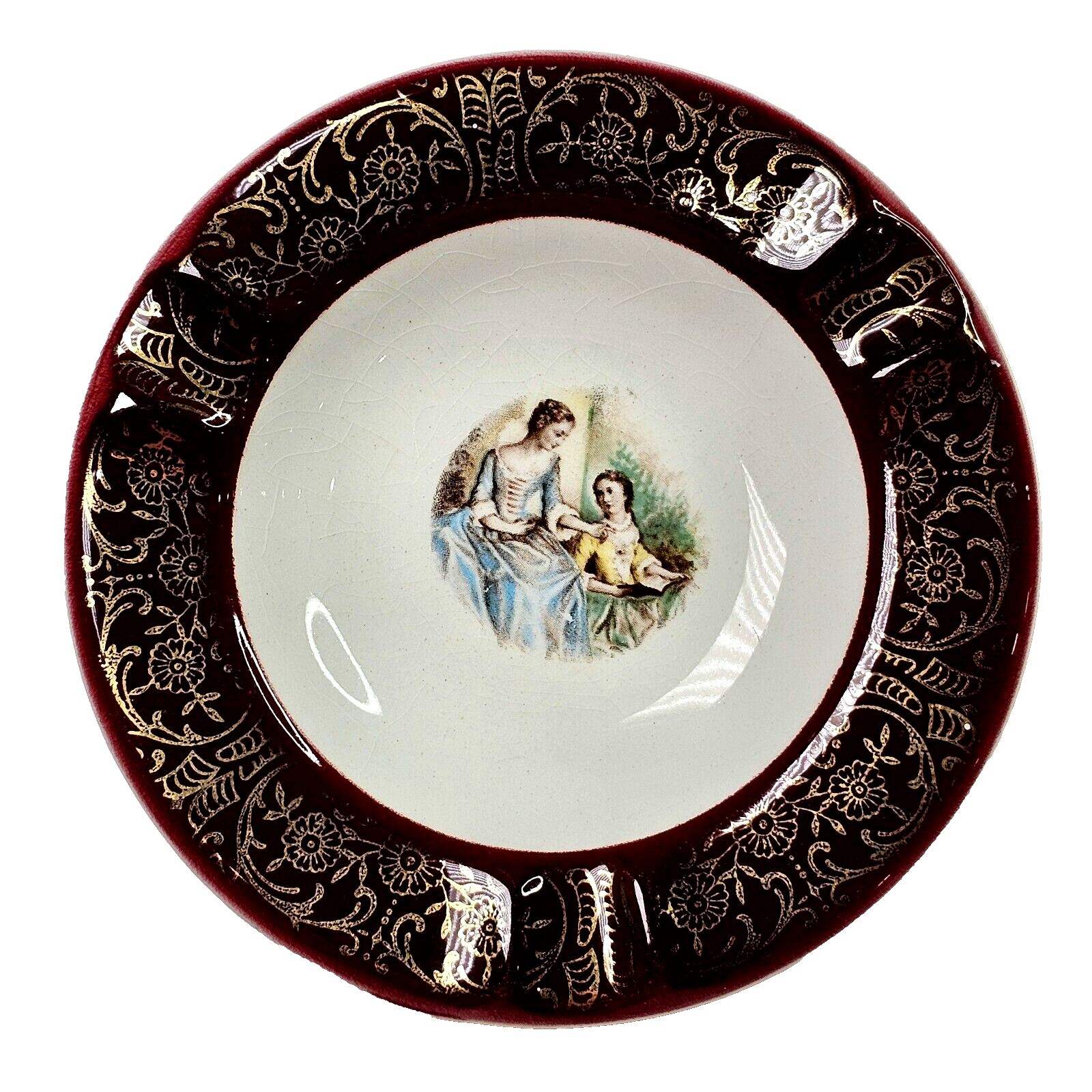 Primary image for Antique Burgundy & White Porcelain Ashtray Elegant Colonial Women Gold Trim 4.5"