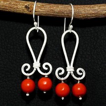 Natural Red Coral Round Gemstone Handmade 1.8 inch Earring For Women&#39;s Jewelry - £4.75 GBP