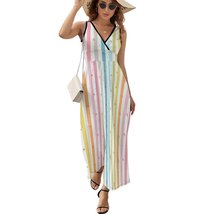 Mondxflaur Colorful Stripe Summer Dresses for Women V-neck Sleeveless Long Dress - £28.76 GBP+