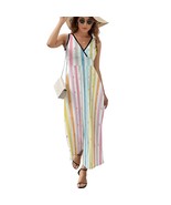Mondxflaur Colorful Stripe Summer Dresses for Women V-neck Sleeveless Lo... - $49.37 CAD+