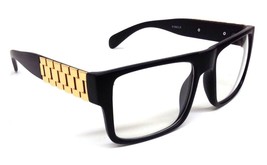 Black Gold Watch Band Square Sunglasses Clear Lens Nerd Chain Link Flat Top Vtg - £5.27 GBP