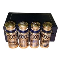 Vintage F.B. Rogers Cobalt Blue & Brass Salt Pepper Shakers Set of 4 w/ Box image 3