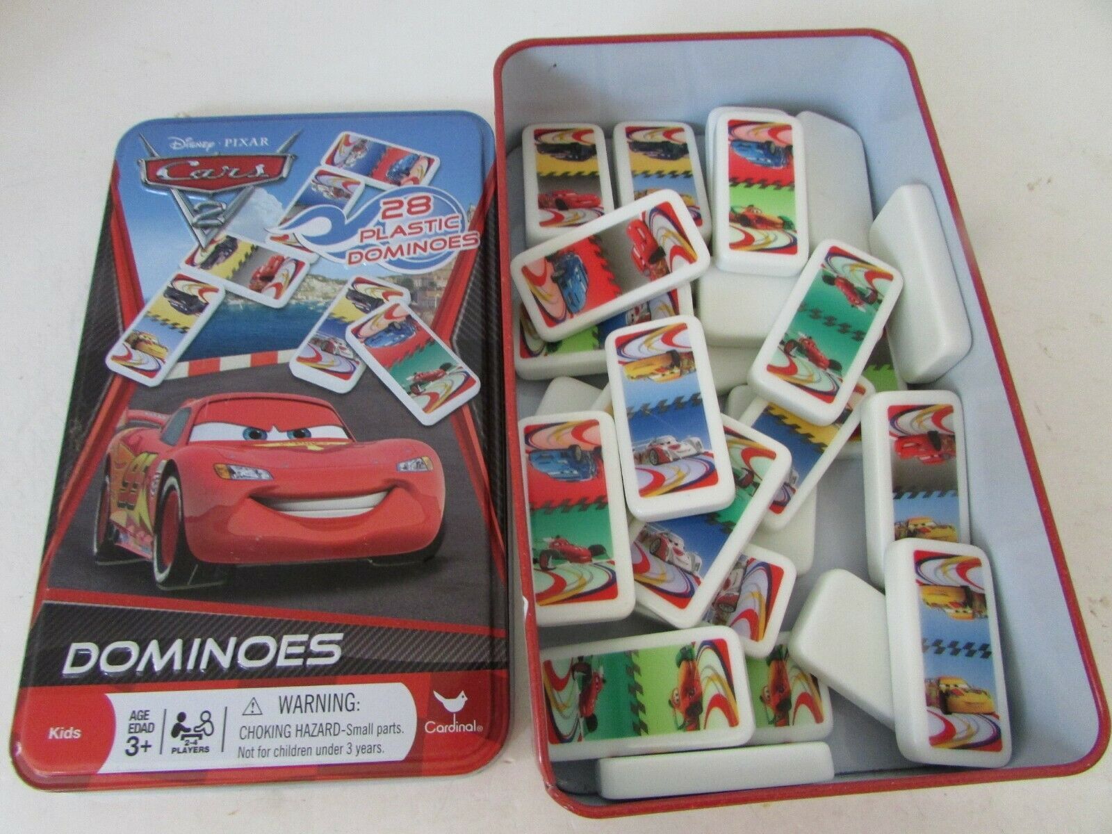 DISNEY PIXAR CARS 2 28 PLASTIC DOMINOES GAME IN TIN CASE KIDS CARDINAL L183 - $5.65