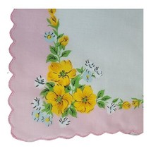 VTG Pink Yellow Buttercup Bouquet Boho Floral Handkerchief Scalloped Edges 12”  - $16.35