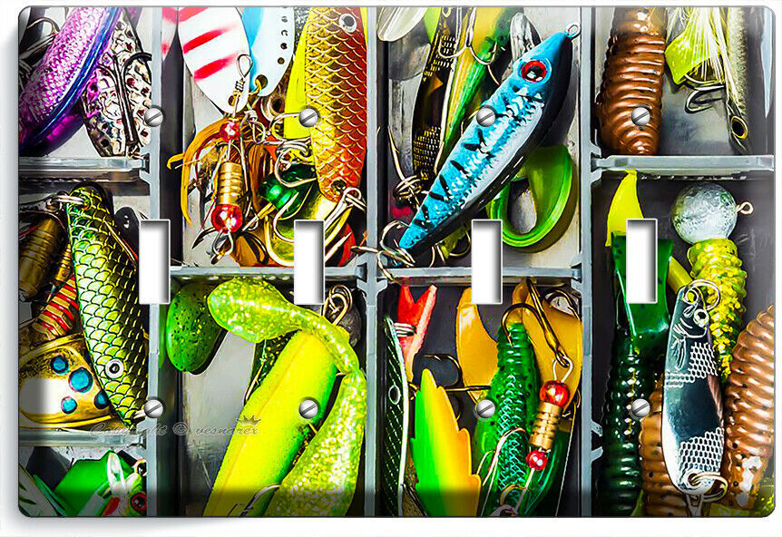 Primary image for FISHING TACKLE FISH LURE FISHERMAN GEAR BOX 4 GANG LIGHT SWITCH PLATE ROOM DECOR