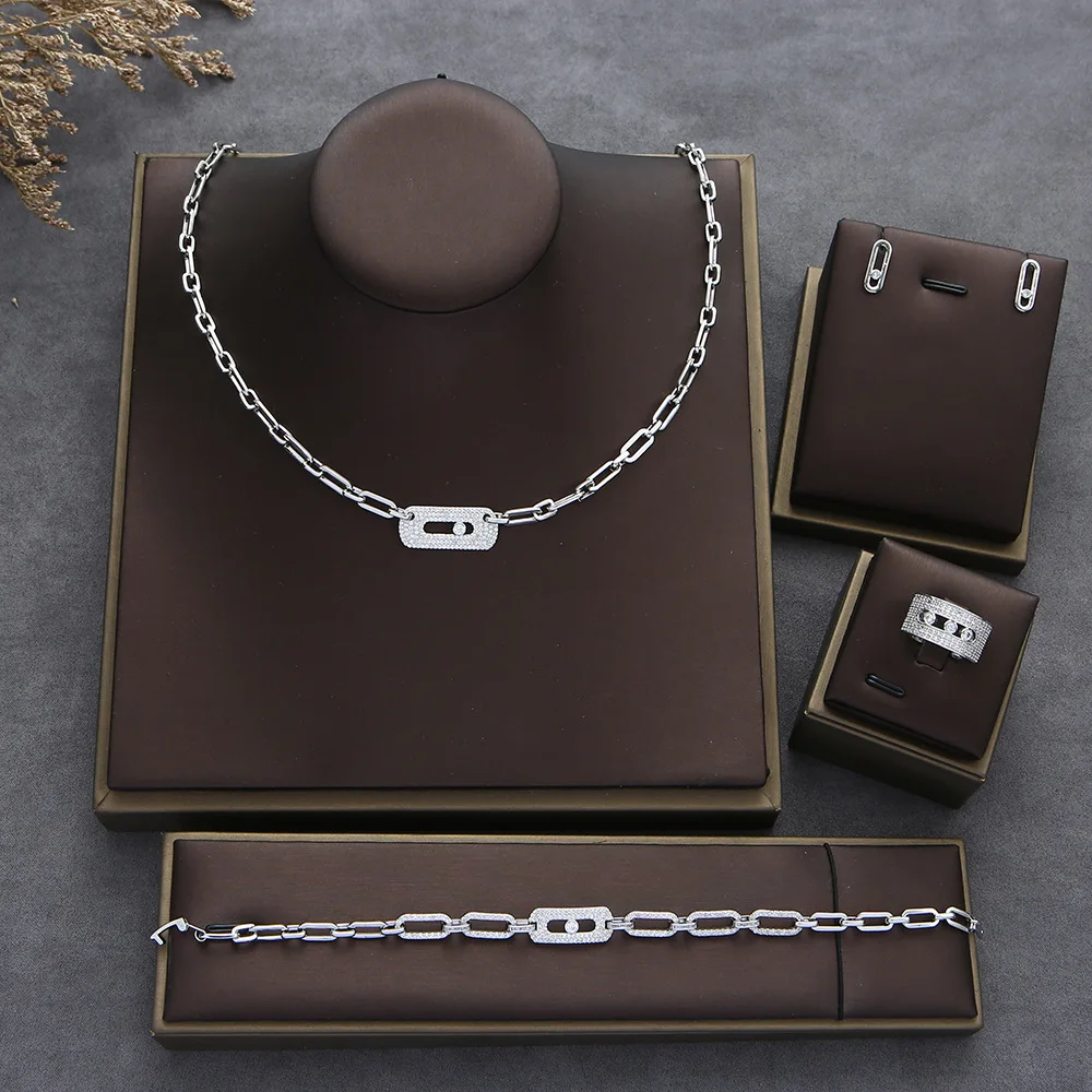 Geometry Link Stackable 4pcs Pendant Necklace Earring Set Full Cubic Zircon Pave - £71.78 GBP