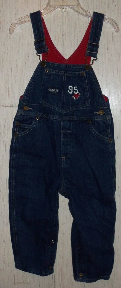 Primary image for EXCELLENT BABY BOYS OSHKOSH RED FLANNEL LINED BLUE JEAN OVERALLS  SIZE 24 Months