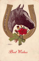 Best WISHES-BLACK HORSE-GILT HORSESHOE-RED Rose Postcard - £5.40 GBP