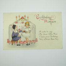 Postcard Birthday Greeting Antique Girl Feeds Boy Giant Cake &amp; Candles UNPOSTED - £7.85 GBP