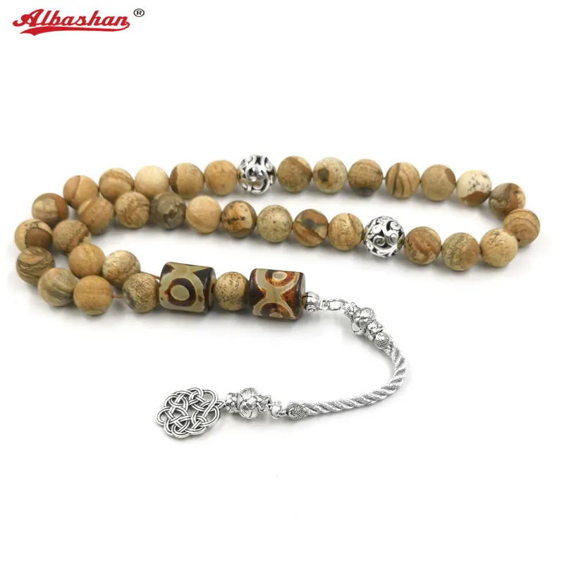 Tasbih men Natural Jasper stone with Dzi Agates gemstone Muslim prayer beads Tib - £71.86 GBP