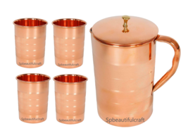 Copper Water Pitcher Jug Silver Touch 4 Drinking Tumbler Glass Health Be... - £39.66 GBP