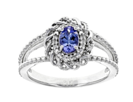 Blue Tanzanite Rhodium Sterling Silver Ring Size 9 - £153.16 GBP
