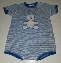 VTG Carter&#39;s Teddy Bear Bodysuit 6 Months Blue White Stripe AS IS FLAW - $8.86