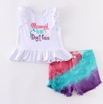 NEW Boutique Mermaid Hair Don&#39;t Care Girls Denim Jean Shorts Outfit Set Size 2T - £11.98 GBP