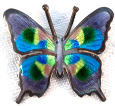 Multicolored Enamel &amp; 980 Sterling Silver Butterfly Pin Brooch Maya Mexico - $64.99