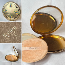 Volupte Compact Gold Tone Floral Round Mirror Loose Powder Box W/ Screen &amp; Puff - £31.34 GBP