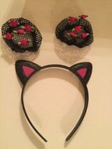 3 pc set black cat ears head band hair ball mesh cover floral pink new - £15.17 GBP