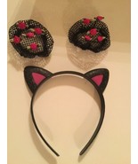 3 pc set black cat ears head band hair ball mesh cover floral pink new - £14.93 GBP