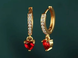14k Yellow Gold Plated 2Ct Heart Cut Simulated Red Garnet Drop/Dangle Earrings - £89.05 GBP