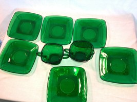 Square Creamer, Sugar &amp; 6 Square Saucers in Emerald Green Charm Depression Glass - £24.12 GBP