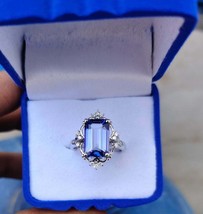 3.50Ct Emerald Cut Vintage Blue Sapphire Engagement Ring 14K White Gold Finish - £125.89 GBP