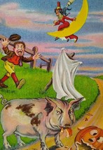 Halloween Postcard Fantasy Pig Eats Pumpkin Witch Moon Bien Julius Series 980 - £26.54 GBP