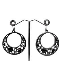 Earrings Pierced Drop Hoops Silver Tone Black Gems - $11.88