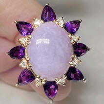 HUGE UNTREATED LAVENDER Jade Diamond 14K Flower Ring 9 CARAT JADE! + GEM... - $5,378.26
