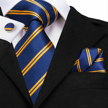 Blue &amp; Yellow/Gold Striped Necktie, Hanky, and Cufflinks - £15.62 GBP