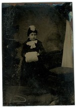 CIRCA 1860&#39;S 1/6th Plate TINTYPE Adorable Little Girl With Fancy Muff Warmer - £13.12 GBP
