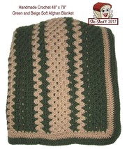 Handcrafted Large Crochet Green and Beige Soft Afghan Blanket - £39.19 GBP