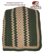 Handcrafted Large Crochet Green and Beige Soft Afghan Blanket - £39.29 GBP