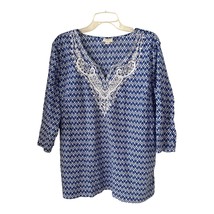 VTG St. John&#39;s Bay Women&#39;s XL Blue White Tunic Top – Embroidered Necklin... - $18.00