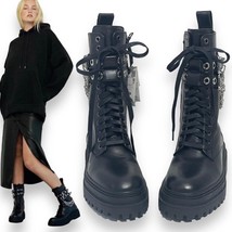 Zara Black Leather upper punk goth combat chunky boots - £102.08 GBP