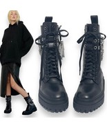 Zara Black Leather upper punk goth combat chunky boots - £100.46 GBP