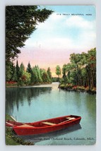 Canoe at Shore Greetings From Orchard Beach Lakeside Michigan Linen Postcard P5 - £5.24 GBP