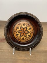 Vintage Polish Hand Carved Wood Dish 6.25” Flowers Folk Art Inlaid Brass Detail - £27.28 GBP