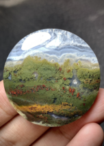 Scenic Moss Agate Round Cabochon 38x38x6.5 mm with Cloud-Like Chalcedony - £62.91 GBP