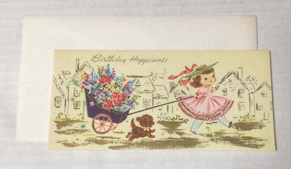 Primary image for Vtg Unused MCM Happy Birthday Happiness Card w/envelope Flowers Dog Cart 937A