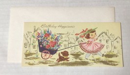 Vtg Unused MCM Happy Birthday Happiness Card w/envelope Flowers Dog Cart... - $14.46