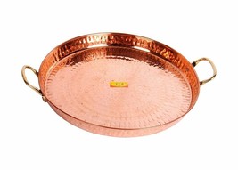 Handmade Pure Copper Serving Plate Tray Hammered Design with Brass Handle Au - £38.53 GBP