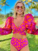 Resort Beach Fashion Sexy Printed Vacation Long Sleeve Bikini Set | Gulf Coast B - £23.38 GBP